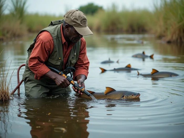 African farmer checking aeration equipment during emergency in commercial catfish pond