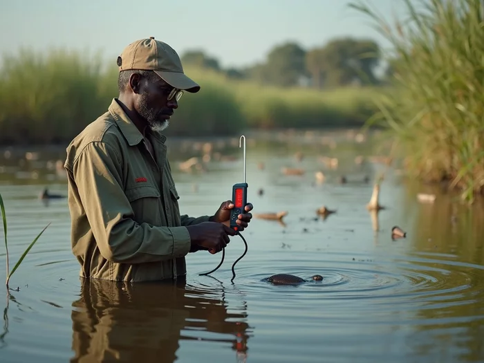 Farmer using a digital thermometer to check water temperature in a commercial African catfish pond