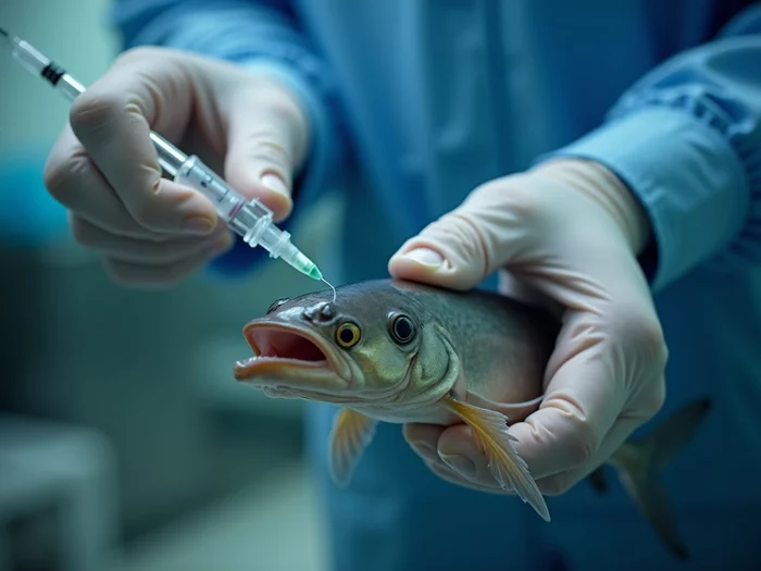 Professional fish farmer administering hormone injection to an African catfish broodstock in a commercial hatchery setting