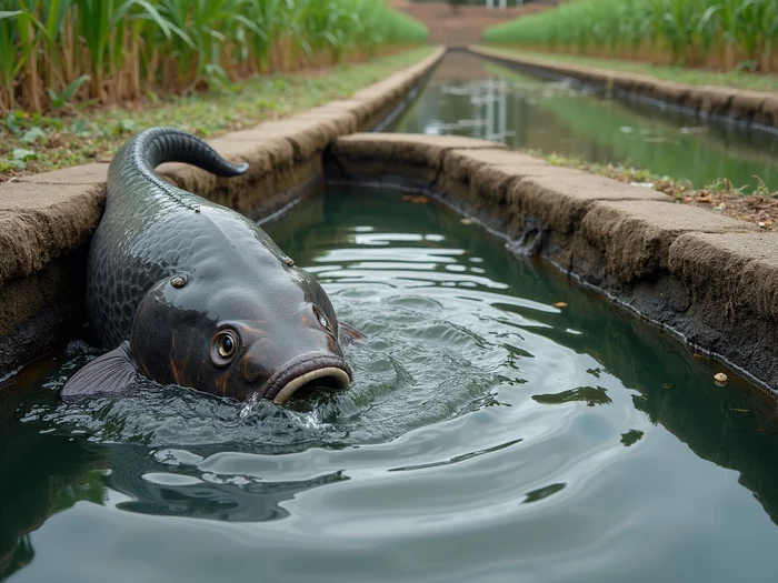 Well-maintained drainage system with a monk structure in a commercial African catfish pond