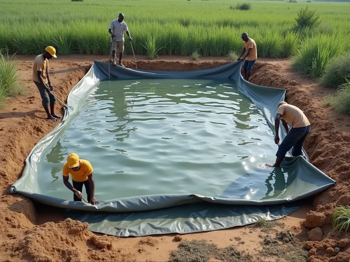 Workers installing a plastic pond liner in a commercial catfish farm