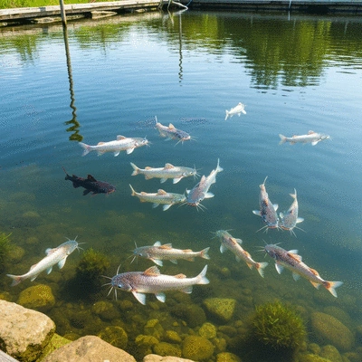 African catfish swimming in a clear aquaculture pond