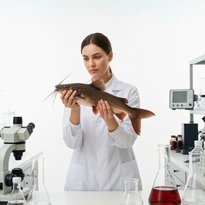 Aquaculture expert examining African catfish in a laboratory setting