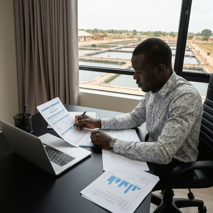 African entrepreneur reviewing aquaculture business plan in office