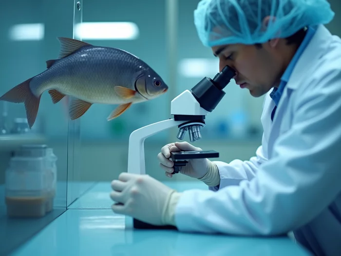 Scientist examining a catfish gill under a microscope in a commercial aquaculture lab setting
