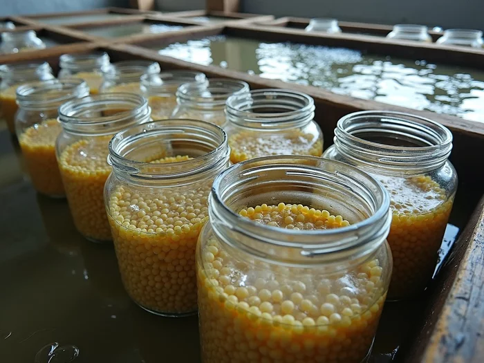 Commercial catfish hatchery with numerous Zoug jars actively incubating African catfish eggs, professional aquaculture infrastructure, African farming context, no text, no words, no typography, no labels, clean image