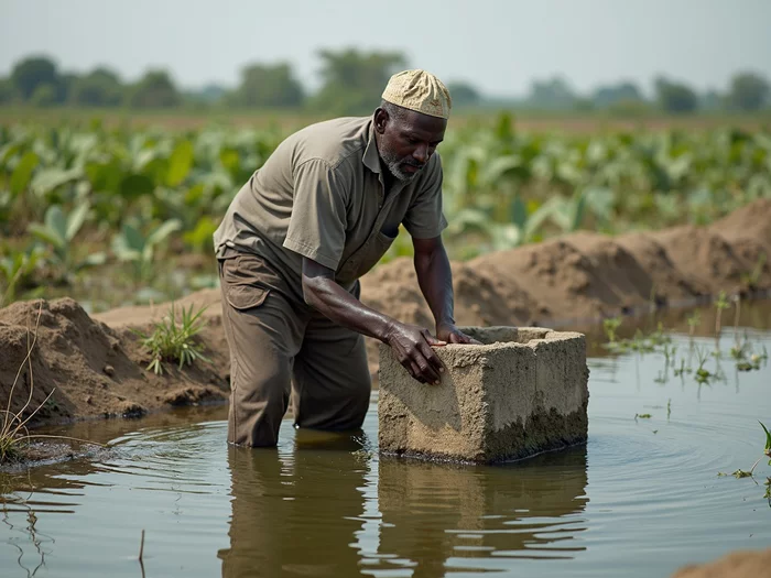 African farmer installing a concrete monk structure in a commercial catfish pond