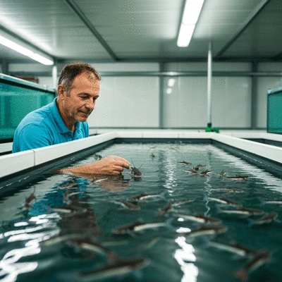 Fish farmer observing African catfish fingerlings in a tank, showing care and attention