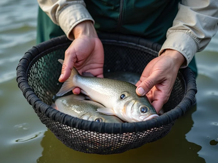 Professional fish farmer carefully selecting African catfish broodstock for breeding, examining fish health and condition