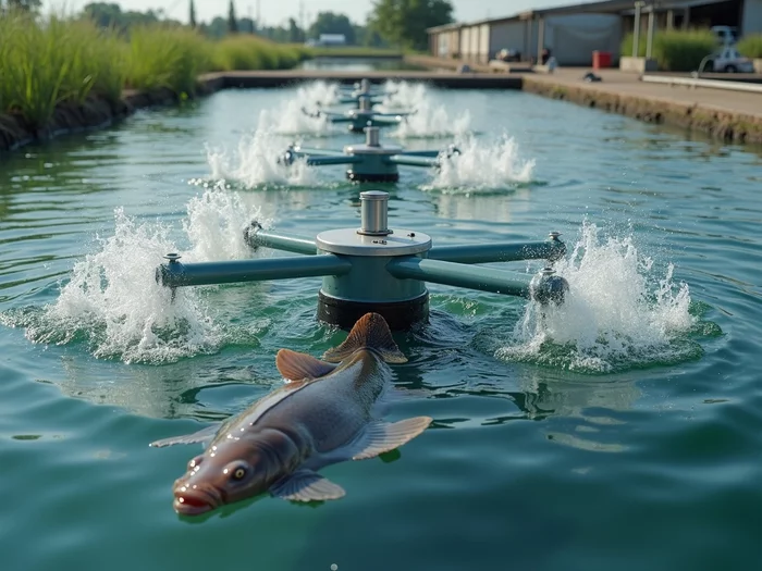 Aeration system in operation in a commercial African catfish pond