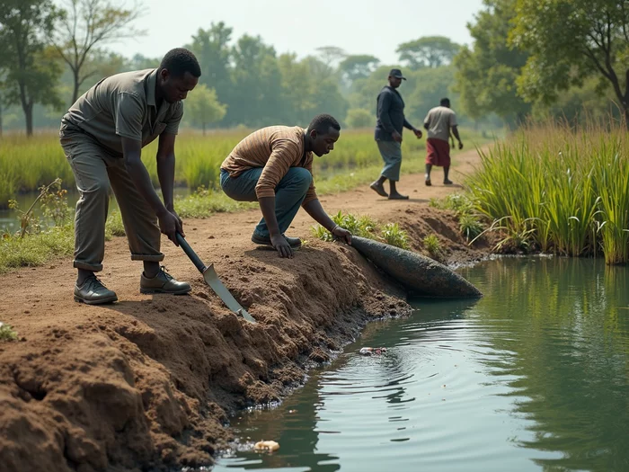 Commercial catfish pond maintenance with African workers
