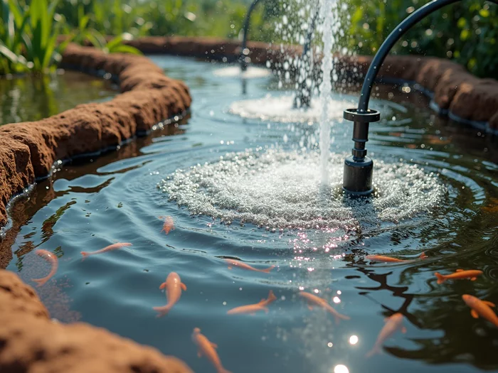Aeration system actively working in a commercial African catfish pond