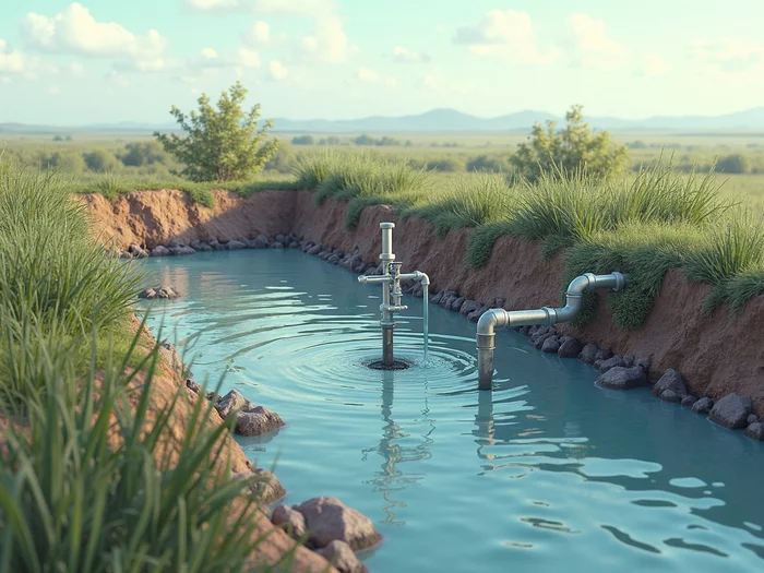 Detailed illustration of a commercial earthen catfish pond drainage system with a T-standpipe and anti-seep collars