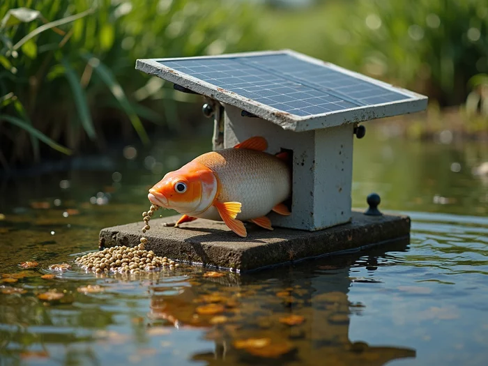 Locally made automated catfish feeder with solar panel in an African commercial farm
