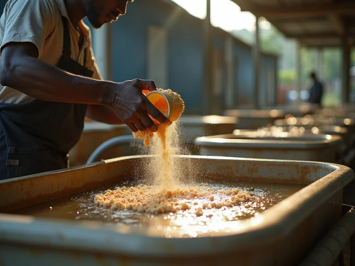 Farmer transitioning African catfish larvae to formulated feed