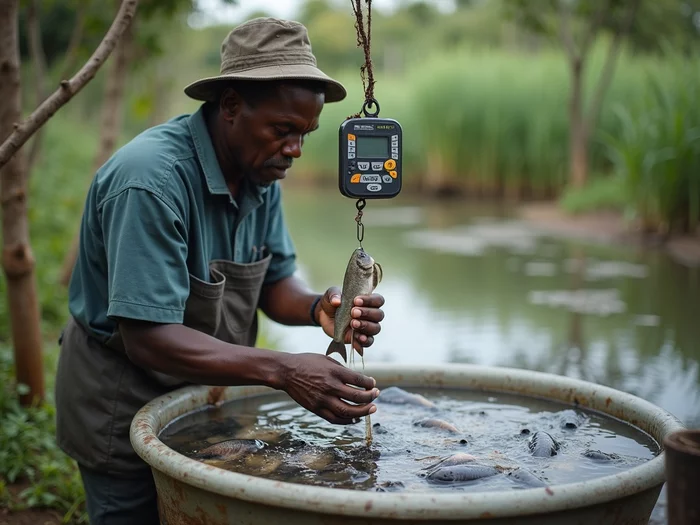 African farmer weighing African catfish in a commercial farming operation