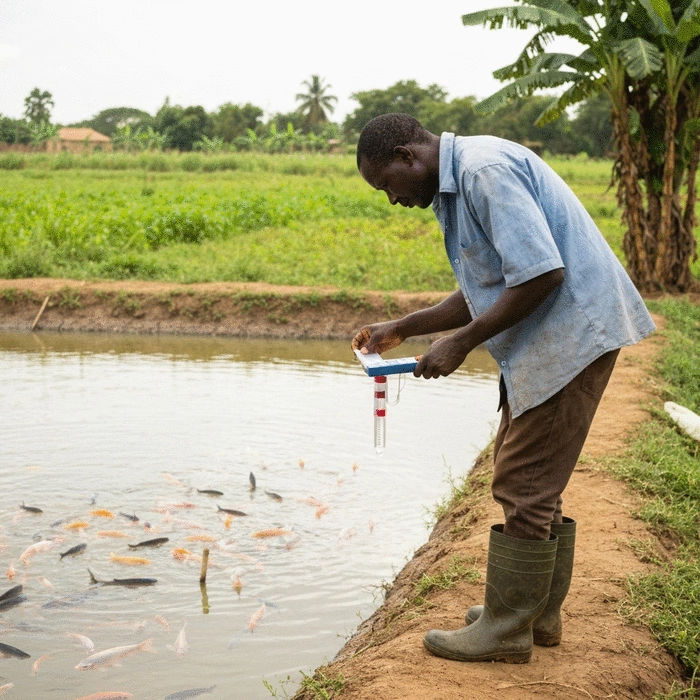 African farmer checking water quality parameters with a test kit at an earthen fish pond