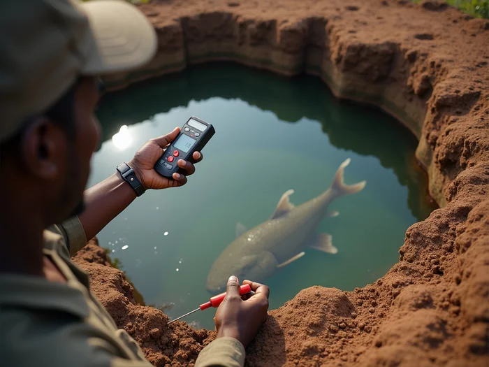 African farmer testing water quality in a commercial catfish pond with a portable dissolved oxygen meter