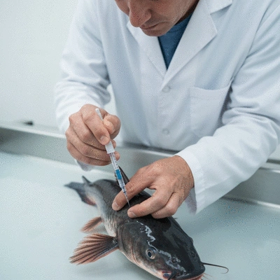 Scientist carefully injecting hormone into a catfish in a laboratory setting