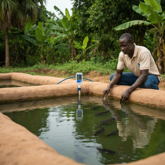 African farmer checking water temperature in an earthen fish pond