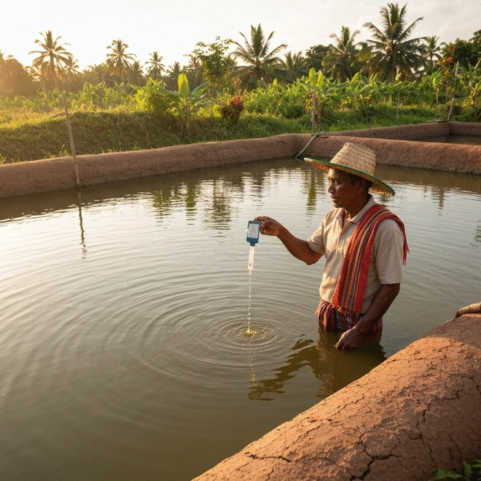 African farmer checking water quality in an earthen catfish pond
