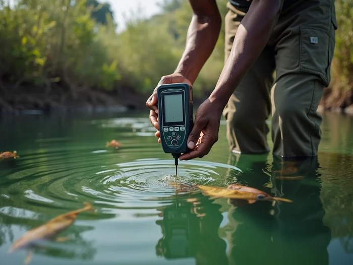 Professional farmer testing water quality in a commercial African catfish pond with a digital meter