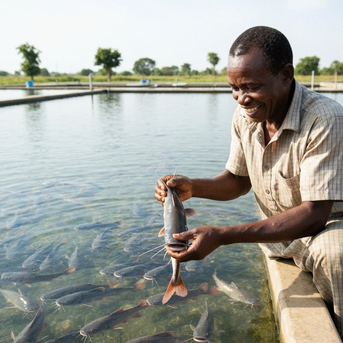 African farmer inspecting catfish health and growth in a modern tarpaulin pond