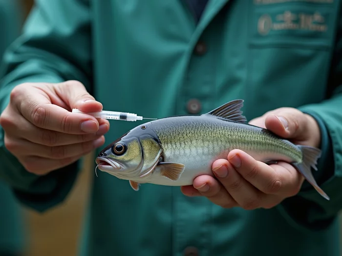 African catfish farmer injecting hormone into a female broodstock fish in a commercial hatchery setting