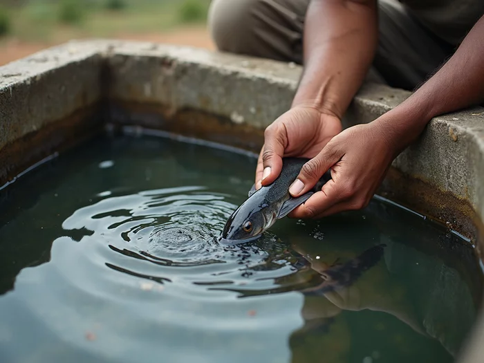 Commercial catfish farmer hand-feeding African catfish (Clarias gariepinus) fingerlings in a concrete tank