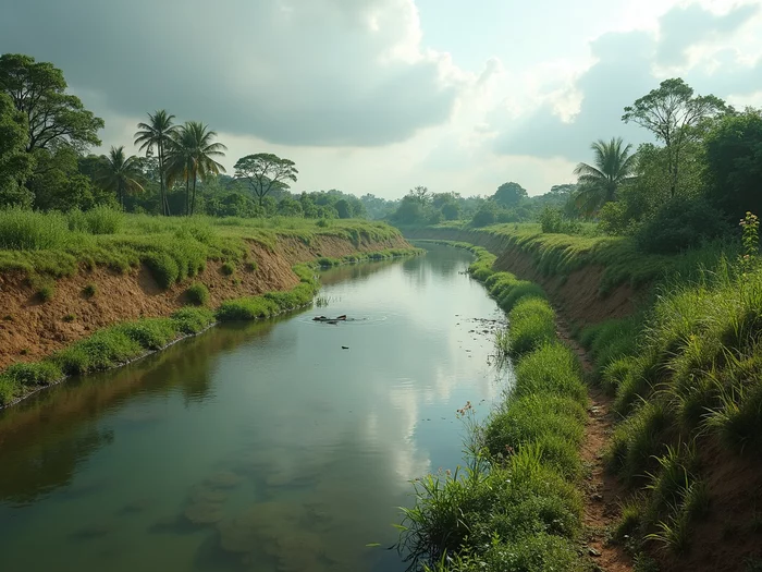 Commercial African catfish pond with buffer zones during wet season