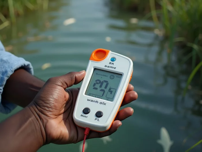 A close-up of a water quality test kit being used to measure pH and dissolved oxygen in a commercial catfish pond, showing a clear, well-managed water sample