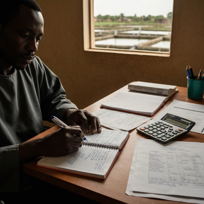African fish farmer reviewing handwritten farm records in a notebook