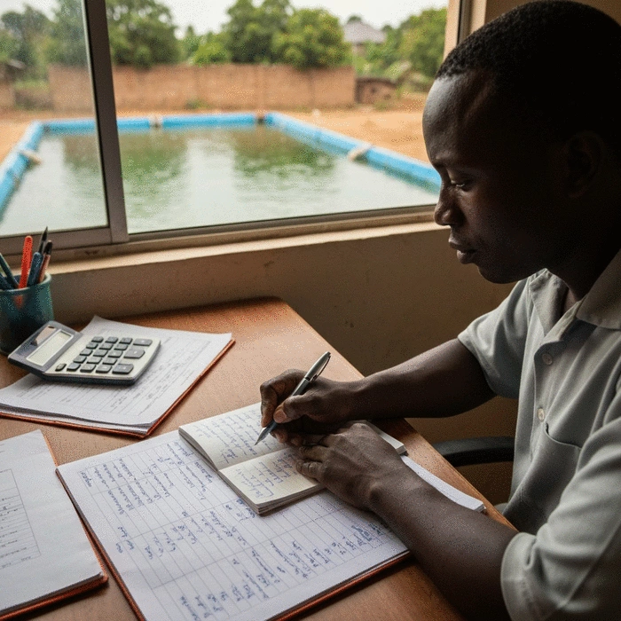 African fish farmer reviewing handwritten farm records in a notebook at a desk