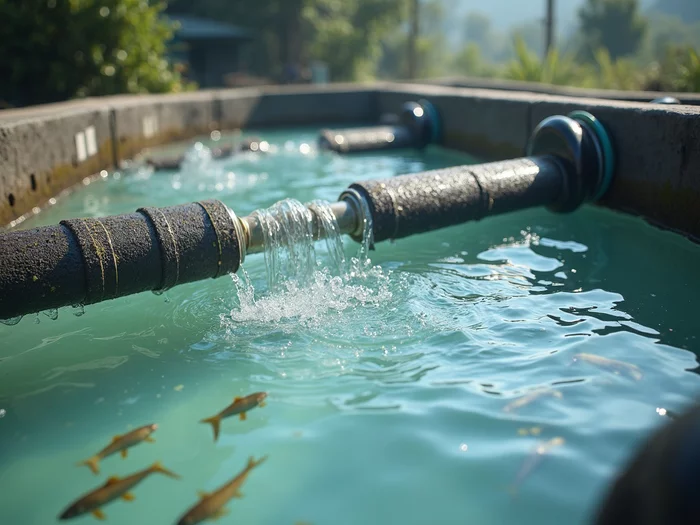 Aeration system with air stones in a commercial African catfish hatchery tank