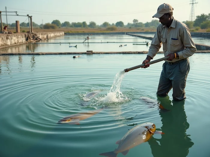 African farmer applying treatment to a commercial catfish pond, with aerators visible and healthy African catfish swimming