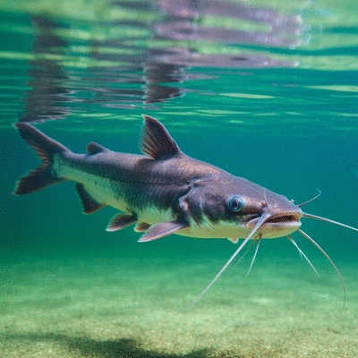 African catfish swimming in clear water, focus on healthy appearance