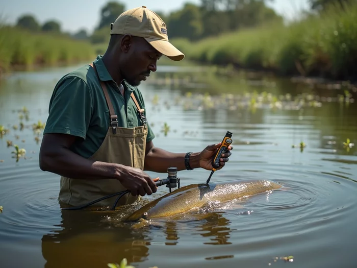African farmer testing water quality in a commercial catfish pond