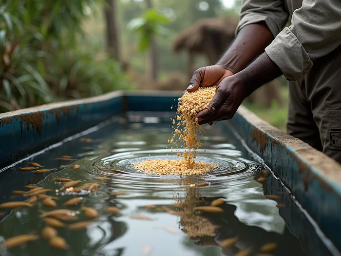African farmer preparing and applying commercial fry feed into a catfish hatchery tank, high-quality feed, professional aquaculture setup, African catfish (Clarias gariepinus), no text