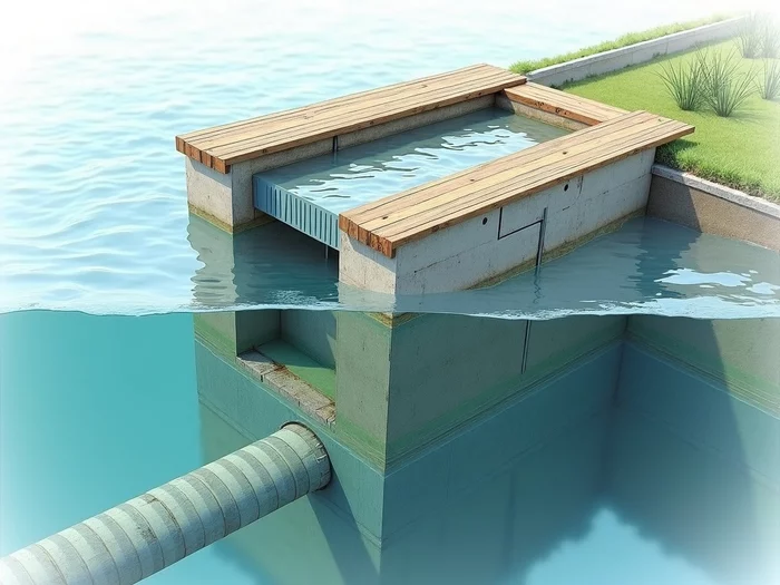 Detailed cross-section of a concrete monk structure in a catfish pond