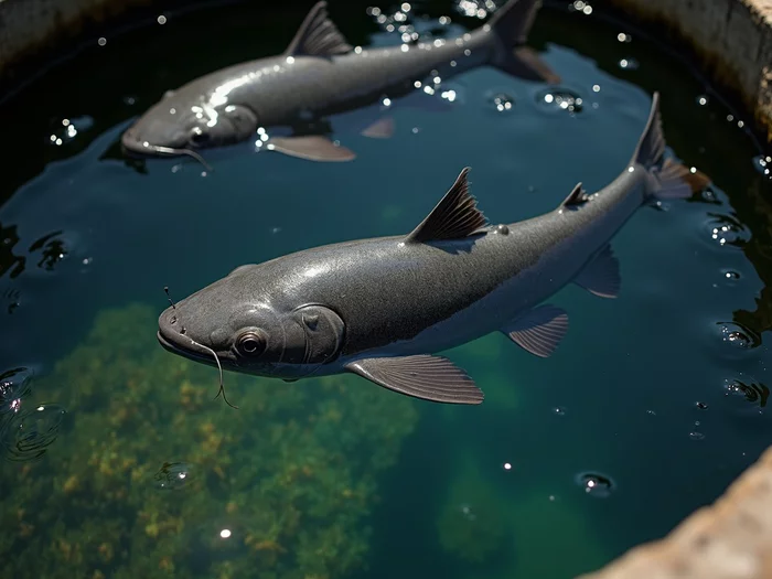 African catfish swimming in a well-aerated commercial pond during disease treatment