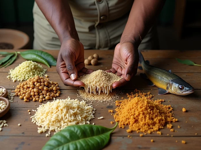Various local ingredients for catfish feed formulation laid out on a table