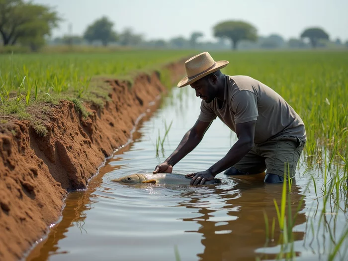 Farmer performing routine maintenance on a commercial catfish pond