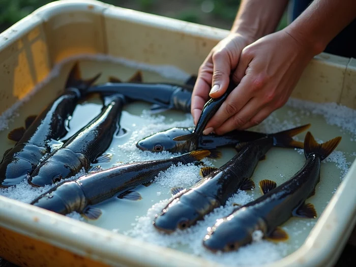 African catfish undergoing salt bath treatment in a commercial aquaculture setting