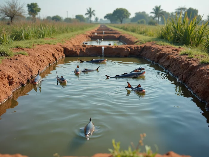 Commercial catfish pond with stand-pipe outlet structure, African catfish (Clarias gariepinus) in the water