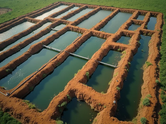 Aerial view of a commercial catfish farm layout showing multiple rectangular earthen ponds with clearly visible drainage channels and pipes
