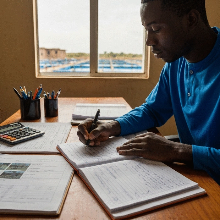 African farmer reviewing handwritten farm records at a desk, with calculator and documents