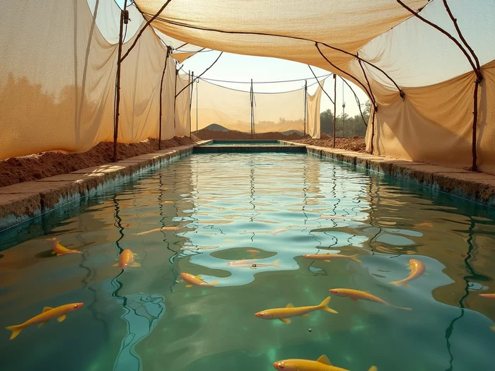Commercial African catfish pond with shade cloth for dry season water conservation