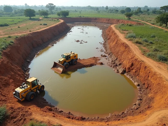 Overview of a commercial catfish pond construction site with earthmoving equipment and initial excavation