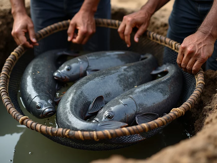 Commercial African catfish (Clarias gariepinus) being harvested from an earthen pond