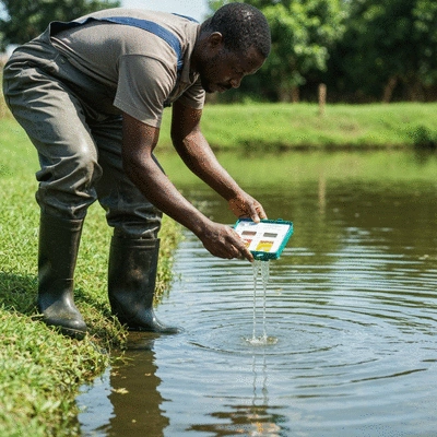 Farmer checking water quality in an African catfish pond with testing kit